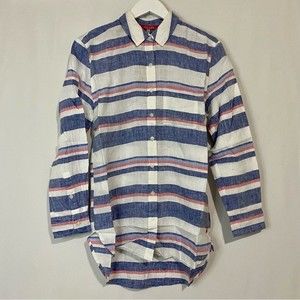 Joules Women’s Jeanne Print Button Down Linen Shirt Blue & Red Stripe Size 4 NWT